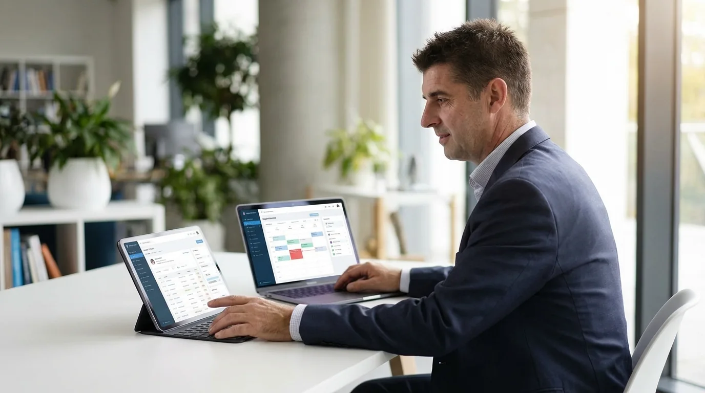 Therapeutin nutzt KI-Tools auf Laptop für Praxismanagement und digitales Marketing